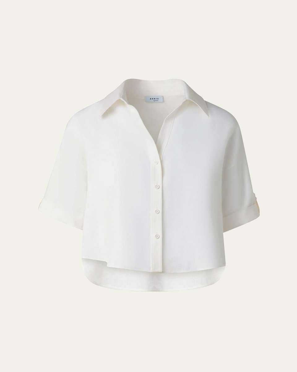 Short-Sleeve High-Low Button-Down Blouse